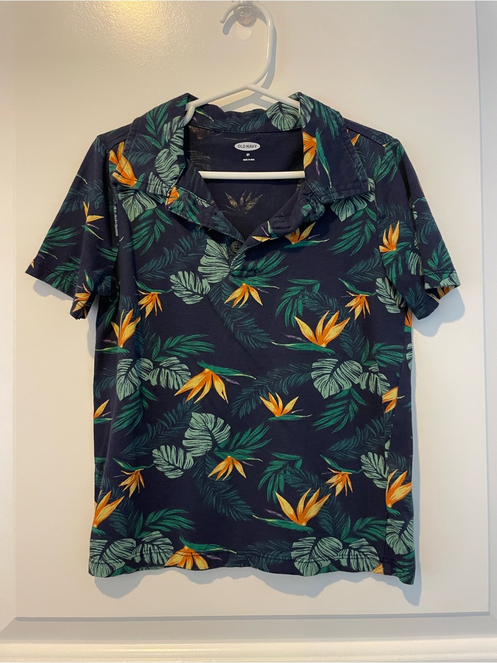Old Navy Navy Polo with Green Leaf & Yellow Floral Print